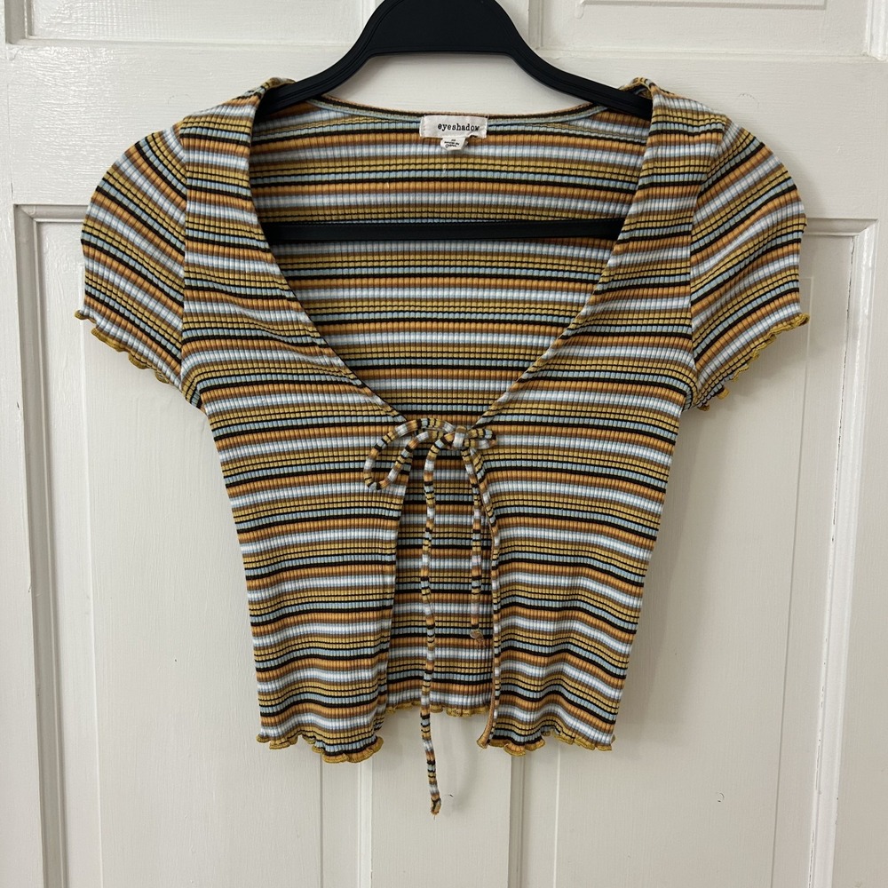Y2K Striped Ribbed‎ Open Tie Top Curly Hem Crop Cotton Blend Sz S